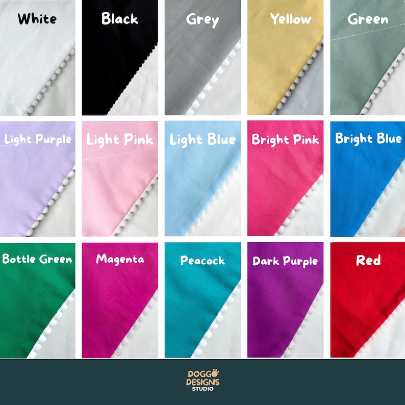 The image is a collage of twelve fabric swatches, each with a different color and pattern, arranged in a grid format.