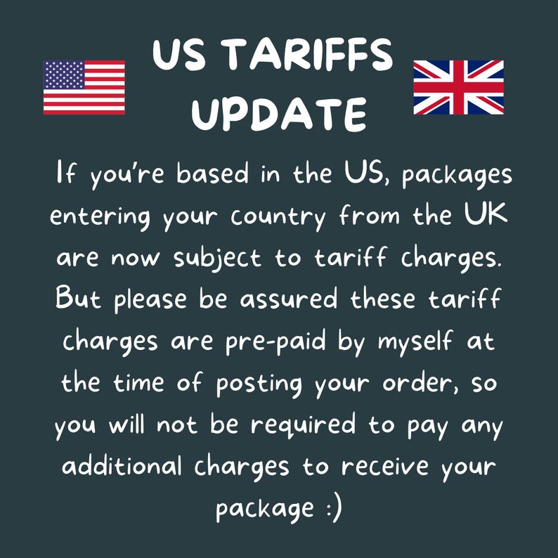 May include: Image with the text "US Tariffs Update" and the flags of the United States and the United Kingdom. The text explains that packages entering the US from the UK are subject to tariff charges, but these are pre-paid.