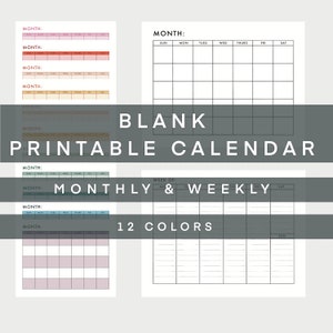 Blank Printable Monthly and Weekly Calendar, Minimalist Design with 12 Colors