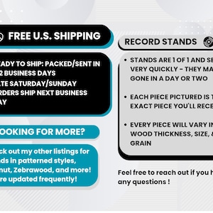 Image with text about record stands, including "FREE U.S. SHIPPING" and details about shipping times. It also mentions that each piece is unique and may vary in size and grain.