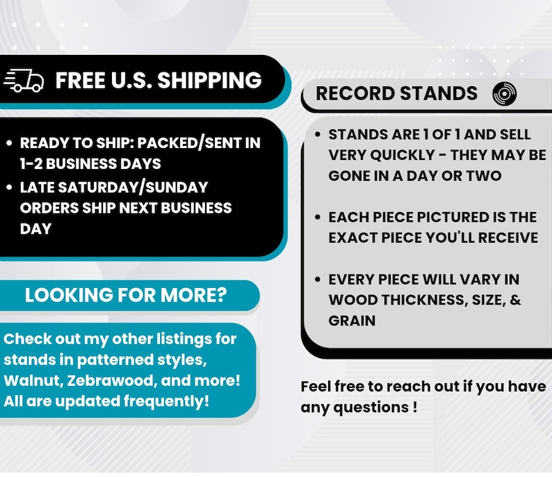 Image with text about record stands, including "FREE U.S. SHIPPING" and details about shipping times. It also mentions that each piece is unique and may vary in size and grain.