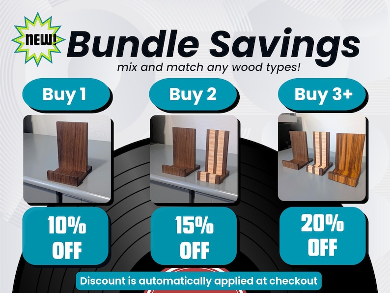 bundle savings banner with vinyl record in the background. the foreground shows three separate deals - buy 1, get 10% off. buy 2, get 15% off. buy 3+, get 20% off