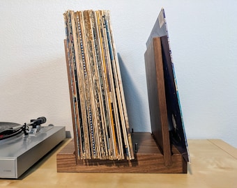 Walnut Record Storage with 'Now Playing' Slot - Holds 45 Albums, Turntable LP Cabinet, Tabletop Vinyl Holder & Organizer