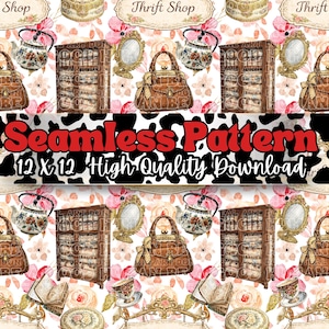 Puede incluir: Un patrón sin costuras con ilustraciones de bolsos, espejos, teteras y muebles. El diseño incluye el texto "Seamless Pattern 12 X 12 High Quality Download" y está sobre un fondo blanco con detalles florales.
