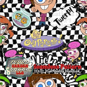 Könnte beinhalten: Nahtloses Muster mit Charakteren aus dem Zeichentrickfilm The Fairly OddParents auf einem schwarz-weißen Schachbrettmuster. Enthält den Text "Twerp!" in einer Sprechblase und "Seamless Pattern 12 x 12 High Quality Download".