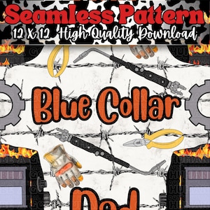 Peut inclure: Motif de motif sans couture avec les mots "Blue Collar" en orange, avec des outils comme un chalumeau, des pinces et un gant de travail. Le fond comprend du fil de fer barbelé et des illustrations d'engrenages.