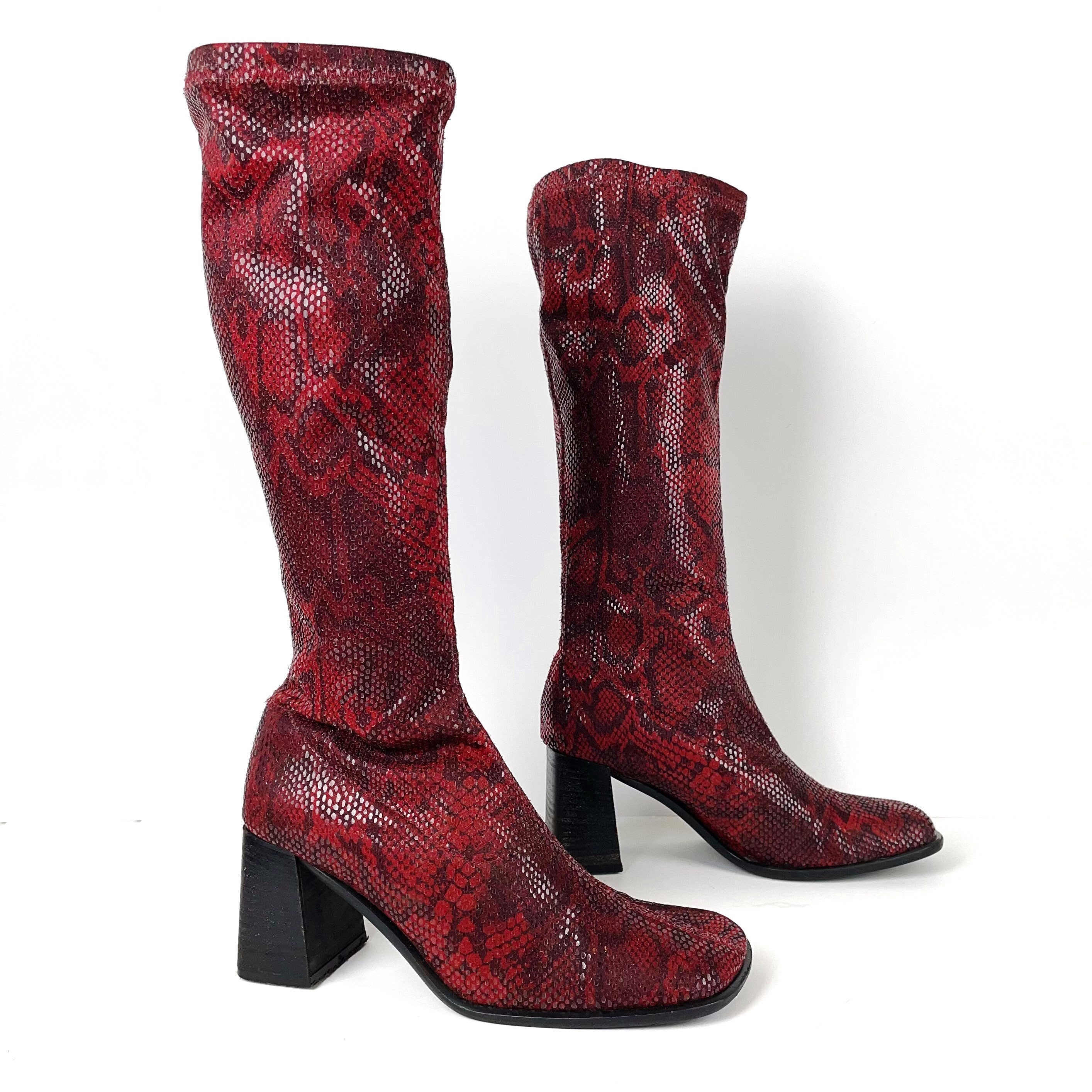 Red snakeskin clearance knee high boots