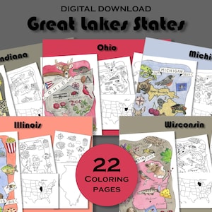 Pagina da colorare stampabile dei Grandi Laghi, stampa di poster con mappa dello stato, pacchetto didattico, geografia degli Stati Uniti, Ohio, Michigan, Wisconsin, Indiana, Illinois