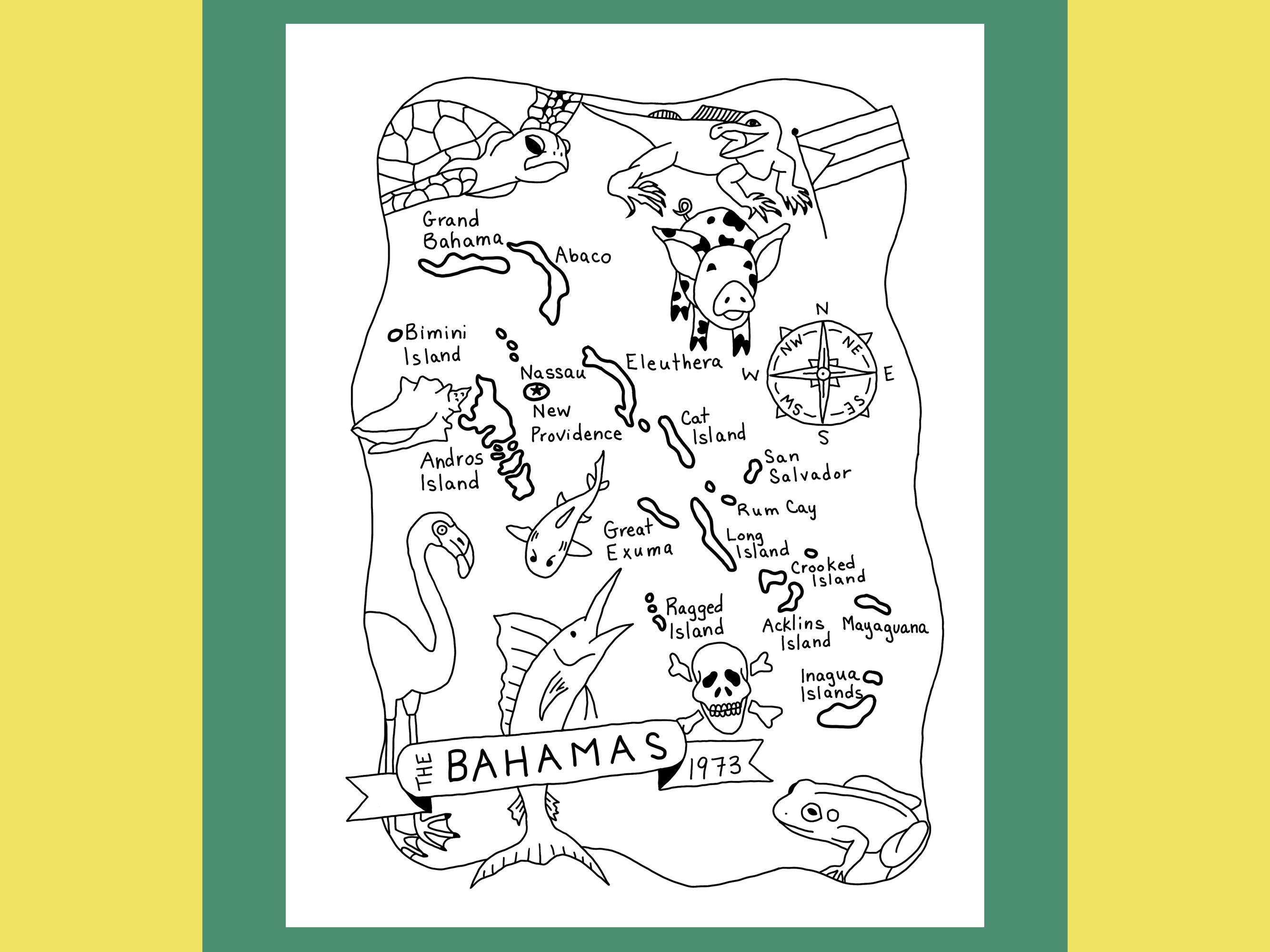 Bahamas Coloring Page Printable, Country Map Packet, Travel Poster