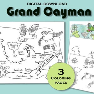 Grand Cayman Malseite Arbeitsblatt, Arbeitsblatt, Reise Poster, Lernpaket, Karibik Geographie, Kinder Aktivität Buch