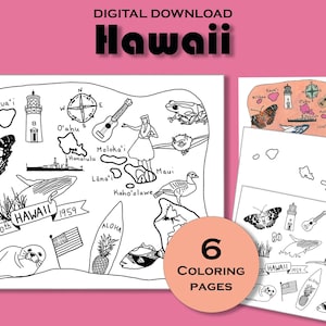 Hawaii Ausmalseite zum Ausdrucken, Arbeitsblatt, US Geographie, Reiseposter zum Ausdrucken, USA Geographie