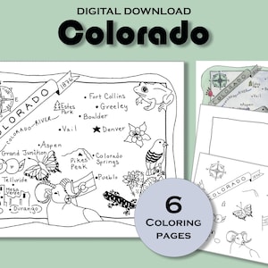 Página para colorear de Colorado para imprimir, hoja de trabajo con el mapa del estado, póster de viaje para imprimir, hoja educativa, geografía de EE. UU., libro de actividades para niños