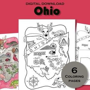 Pagina da colorare stampabile dell'Ohio, foglio di lavoro sulla mappa dello stato, stampa di poster di viaggio, foglio didattico, geografia degli Stati Uniti, libro di attività per bambini