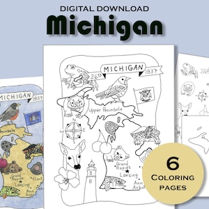May include: Six black and white coloring pages featuring a map of Michigan with various landmarks and animals. The title of the map is "Michigan" with the dates "26th" and "1837".