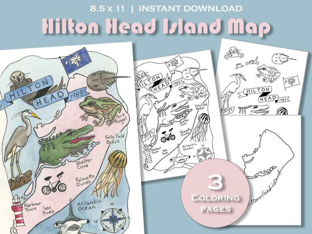Hilton Head Coloring Page Hilton Head Map Hilton Head - Etsy