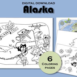 Página para colorir do Alasca para imprimir, planilha de mapa estadual, pôster de viagem para impressão, pacote educacional, geografia dos EUA, livro de atividades para crianças