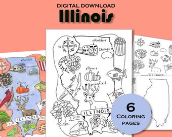 Illinois Coloring Page Printable, State Map Activity for Kids, USA Geography Homeschool Worksheet PDF