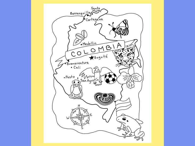 Colombia Coloring Page Printable, Country Map Worksheet, Travel Poster ...