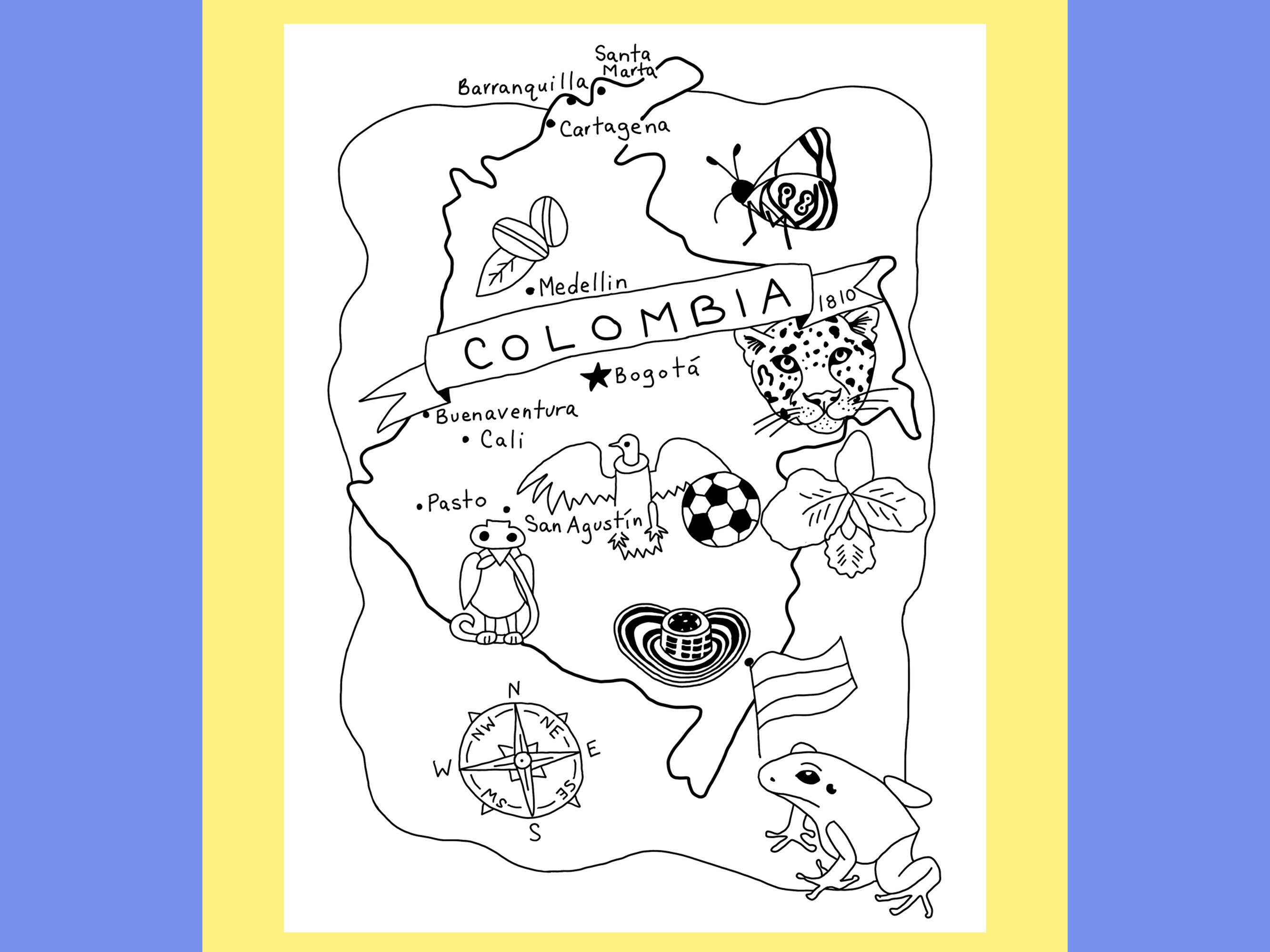 Colombia Coloring Page Printable, Country Map Worksheet, Travel Poster