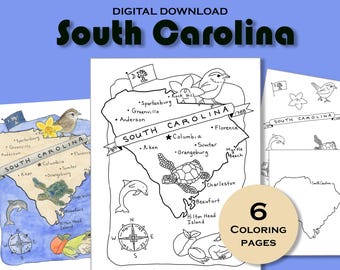 South Carolina Coloring Page Printable, State Map Activity for Kids, USA Geography Homeschool Worksheet PDF