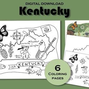 Página para colorir do Kentucky para imprimir, planilha de mapa estadual, pôster de viagem para impressão, pacote educacional, geografia dos EUA, livro de atividades para crianças
