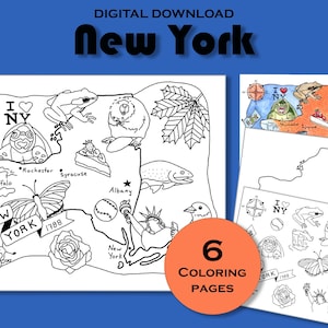 Coloriage de New York à imprimer, feuille de calcul sur la carte de l'État, impression d'affiche de voyage, feuille d'éducation, géographie des États-Unis, livre d'activités pour enfants