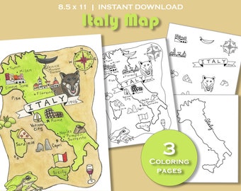 Página para colorear de Italia imprimible, paquete de mapas del país, impresión de carteles de viaje, hoja educativa, geografía, libro de actividades, símbolos nacionales