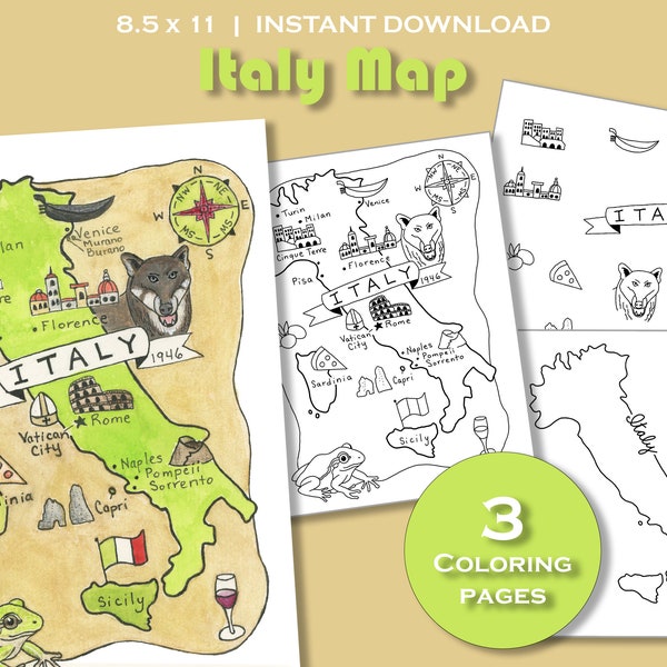 Italy Coloring Page Printable, Country Map Packet, Travel Poster Print, Education Sheet, Geography, Activity Book, National Symbols