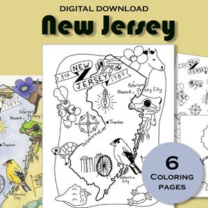 Página para colorear de Nueva Jersey para imprimir, hoja de trabajo con el mapa del estado, póster de viaje para imprimir, paquete educativo, geografía de EE. UU., libro de actividades para niños