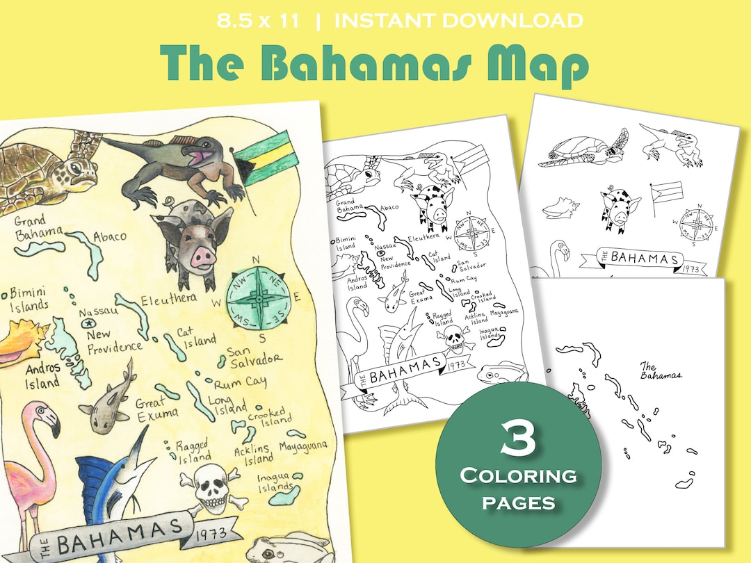 Bahamas Coloring Page Printable, Country Map Packet, Travel Poster
