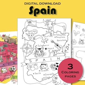 Espagne à colorier, feuille de calcul sur la carte du pays, impression d'affiche de voyage, fiche éducative, géographie de l'Europe, livre d'activités pour enfants