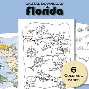 Afdrukbare kleurplaat Florida, werkblad staatskaart, reisposterprint, educatief pakket, aardrijkskunde VS, activiteitenboek voor kinderen