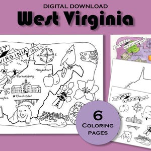 Virginie-Occidentale Coloriage imprimable, feuille de calcul de carte d'état, impression d'affiche de voyage, paquet d'éducation, géographie des Etats-Unis, livre d'activités pour enfants