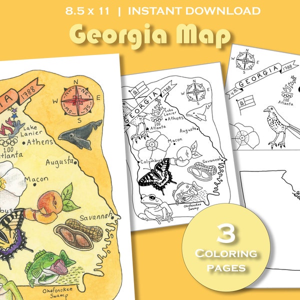 Georgia Coloring Page Printable, State Map Packet, Travel Poster Print, Education Packet, USA Geography, Activity Book