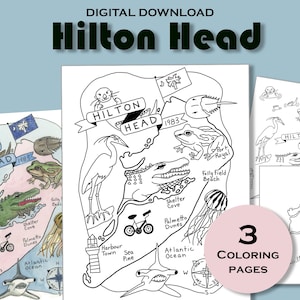 Página para colorir da Ilha Hilton Head para imprimir, planilha de mapa estadual, pôster de viagem para impressão, pacote educacional, geografia dos EUA, livro de atividades para crianças