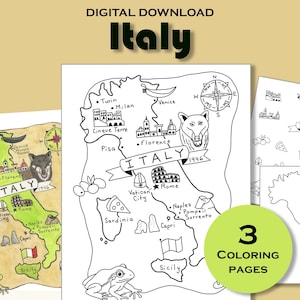 Italien Malseite Arbeitsblatt, Geographie, Reise Poster Druck, Geographie, Kinder Aktivität Buch, Nationale Symbole