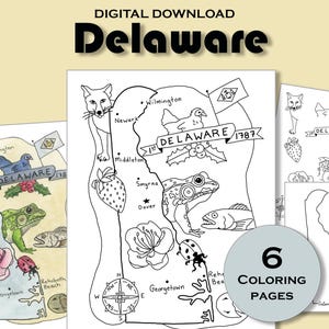 Delaware Coloring Page Printable, State Map Worksheet, Travel Poster Print, Education Packet, USA Geography, Kids Activity Book