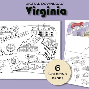 Página para colorir da Virgínia para imprimir, planilha de mapa estadual, pôster de viagem para impressão, pacote educacional, geografia dos EUA, livro de atividades para crianças