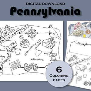 Pennsylvania Ausmalseite zum Ausdrucken, Arbeitsblatt zum Ausdrucken, US Geographie, Reiseposter zum Ausdrucken, USA Geographie