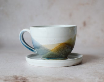 Keramik Cappuccino Tasse grün blau, Kollektion Sommer