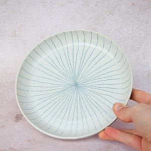 Könnte beinhalten: Ein runder, weißer Keramikteller mit blauem, radialem Streifendesign. Der Teller wird von einer Hand gehalten. Der Hintergrund ist eine gesprenkelte, hellrosa und beige Oberfläche. Der Teller hat einen Durchmesser von ca. 23 cm.