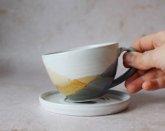 Keramik Cappuccino Tasse gelb blau, Kollektion Sommer