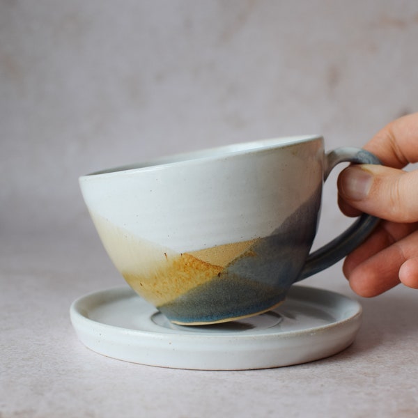 Keramik Cappuccino Tasse gelb blau, Kollektion Sommer