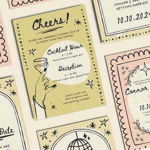 May include: Set of four wedding invitation cards with a pink and yellow color scheme. The cards feature illustrations of a disco ball, a hand holding a glass of champagne, a star, and a ring. The text on the cards includes "Cheers!" "Cocktail Hour" "Reception" "Save the Date" "Connor & Abby" and the date "10.10.2024".
