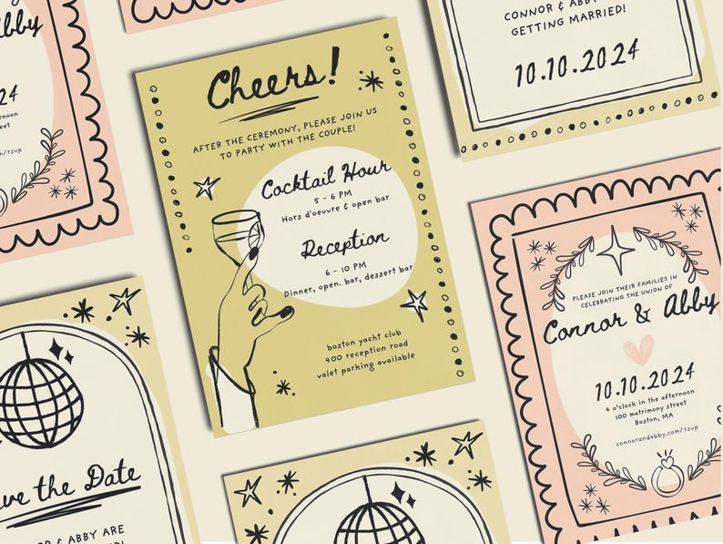 May include: Set of four wedding invitation cards with a pink and yellow color scheme. The cards feature illustrations of a disco ball, a hand holding a glass of champagne, a star, and a ring. The text on the cards includes "Cheers!" "Cocktail Hour" "Reception" "Save the Date" "Connor & Abby" and the date "10.10.2024".