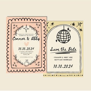 May include: Two wedding save the date cards with a peach and cream color scheme. The first card features a simple illustration of a ring and a heart with the text "Connor & Abby" and "10.10.2024". The second card features a disco ball illustration with the text "Save the Date" and "Connor & Abby are getting married! 10.10.2024".