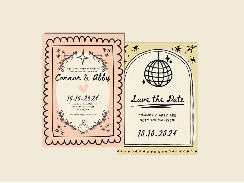 May include: Two wedding save the date cards with a peach and cream color scheme. The first card features a simple illustration of a ring and a heart with the text "Connor & Abby" and "10.10.2024". The second card features a disco ball illustration with the text "Save the Date" and "Connor & Abby are getting married! 10.10.2024".