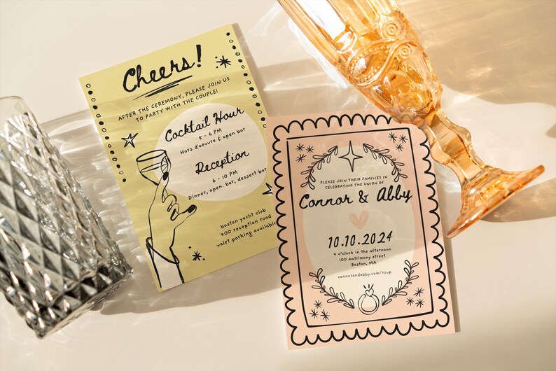 May include: Two wedding invitations with a yellow and pink color scheme. The yellow invitation has the text "Cheers!" and "Cocktail Hour" and "Reception". The pink invitation has the text "Connor & Abby" and "10.10.2024".