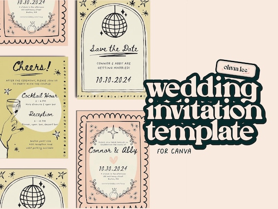 Canva Wedding Invitation Template | Hand Drawn Fun Illustrations | Invitation, Save The Date, & Reception Invitation