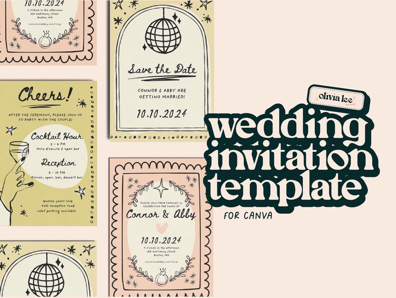 May include: A wedding invitation template for Canva with a pink and yellow color scheme. The template features a disco ball, stars, and the text "Save the Date", "Connor & Abby", and "10.10.2024".